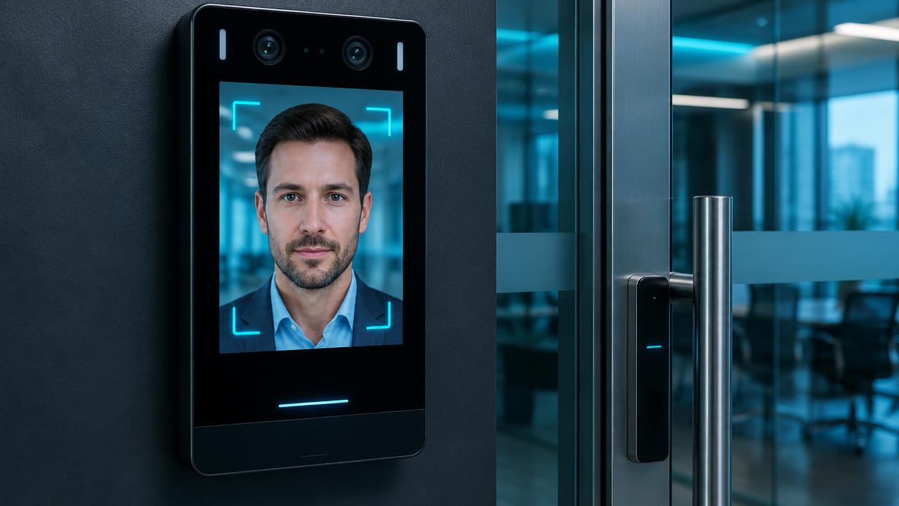 Face-recognition terminal verifying a visitor beside a secure glass office door